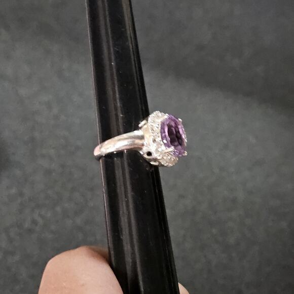 Sterling Silver Cushion Amethyst & White Zircon Ring Sz 6 Statement Birthstone - Picture 3 of 9